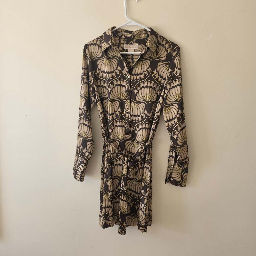 Michael Kors Women's Medium Belted Geometric Shirt Dress Brown Gold Retro Mod